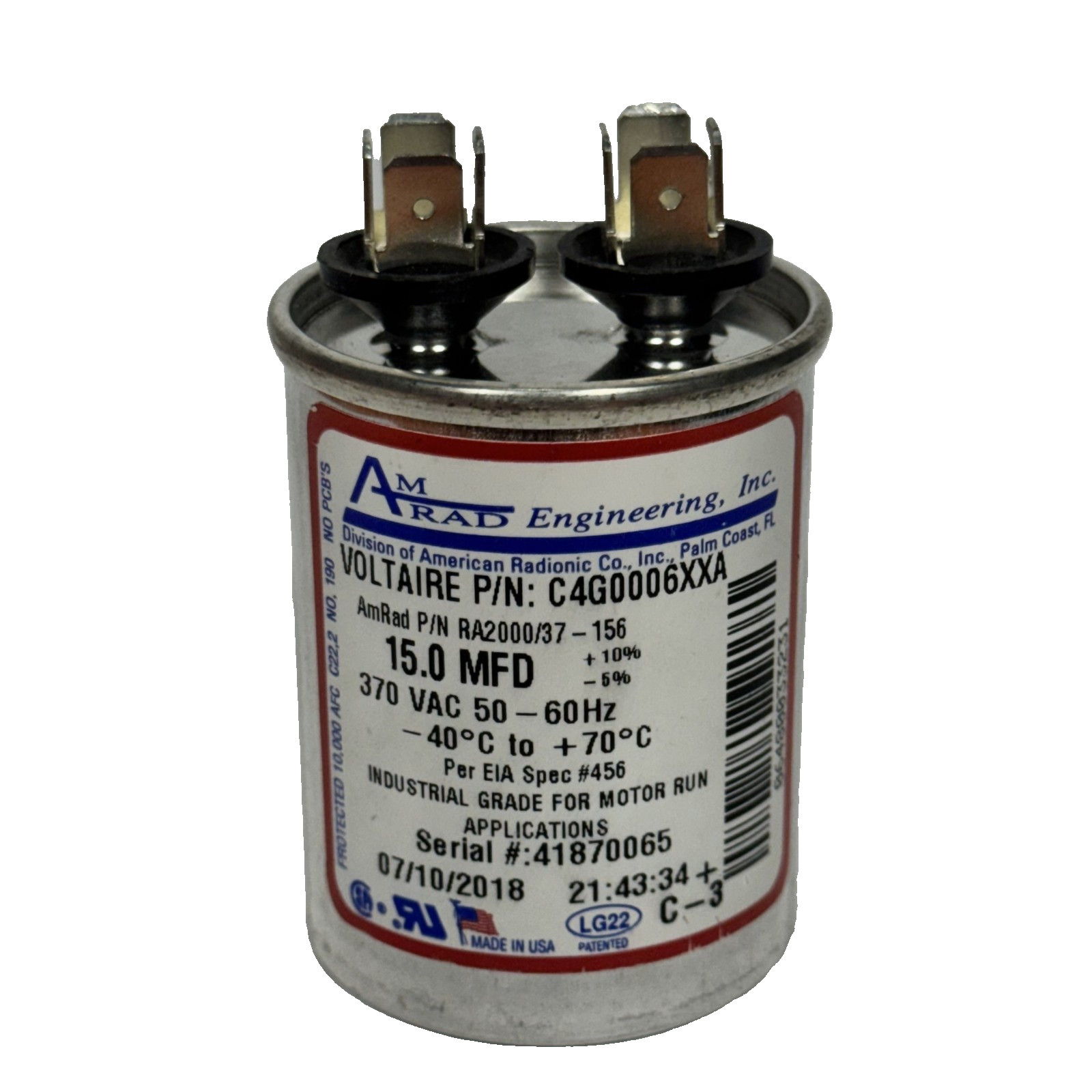 Motor run capacitors 15.0MFD 370VAC 50/60Hz
