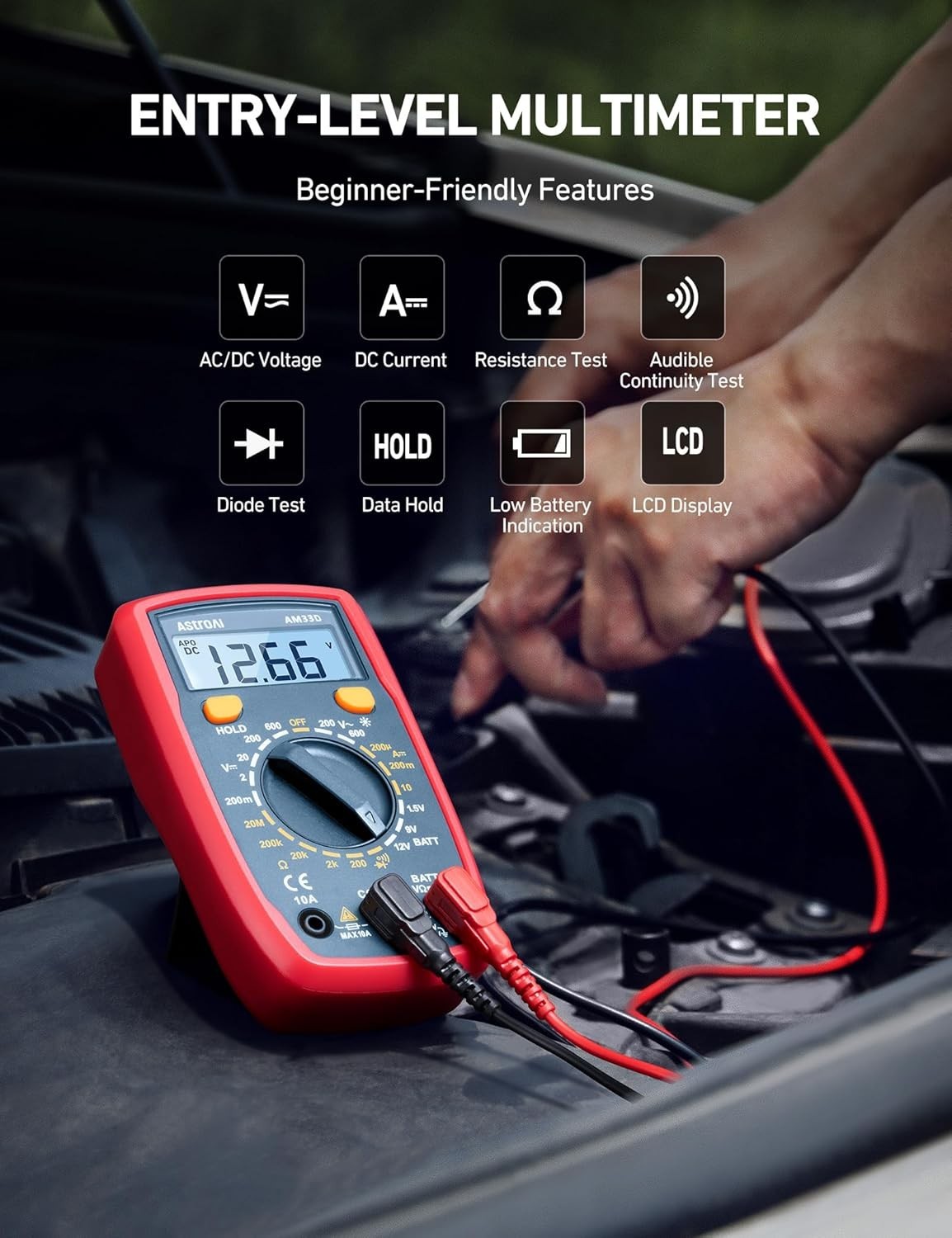AstroAI Digital Multimeter: AC/DC Voltmeter, Ohm, Volt Tester – 2000 Counts