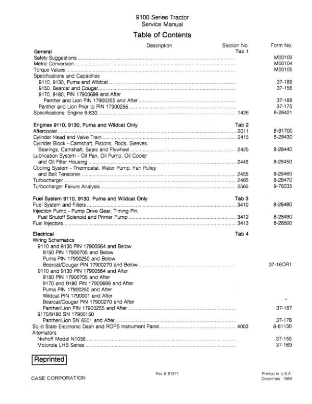 Case IH 1000, 9110, 9130, 9150, 9170, 9180, 9190 Tractor Repair Service Manual