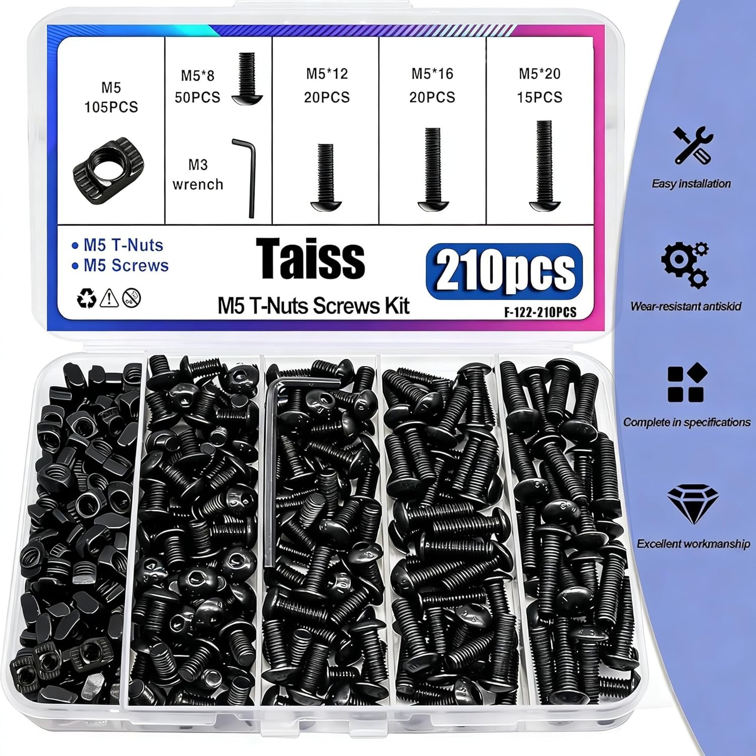 Taiss 210PCS M5 T-Nuts and Bolts Kit for 2020 Aluminum Extrusion Hardware,Hammer