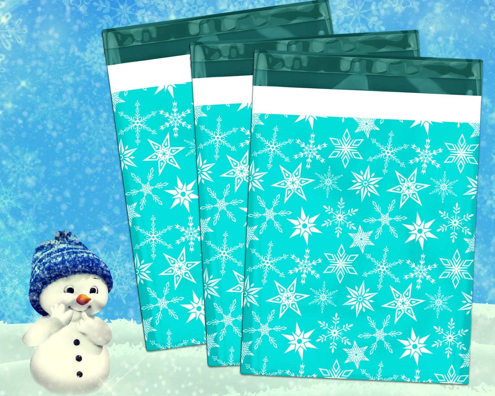 NEW 10×13 Fall, Christmas, Snowmen, Teal Snowflakes, Trees Poly Shipping Mailers