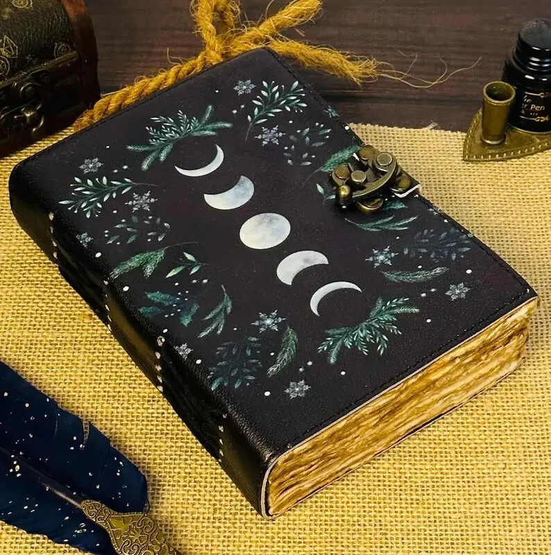 Grimoire Vintage leather journal, Moon Phase Handmade Fat Journal, Blank spell.