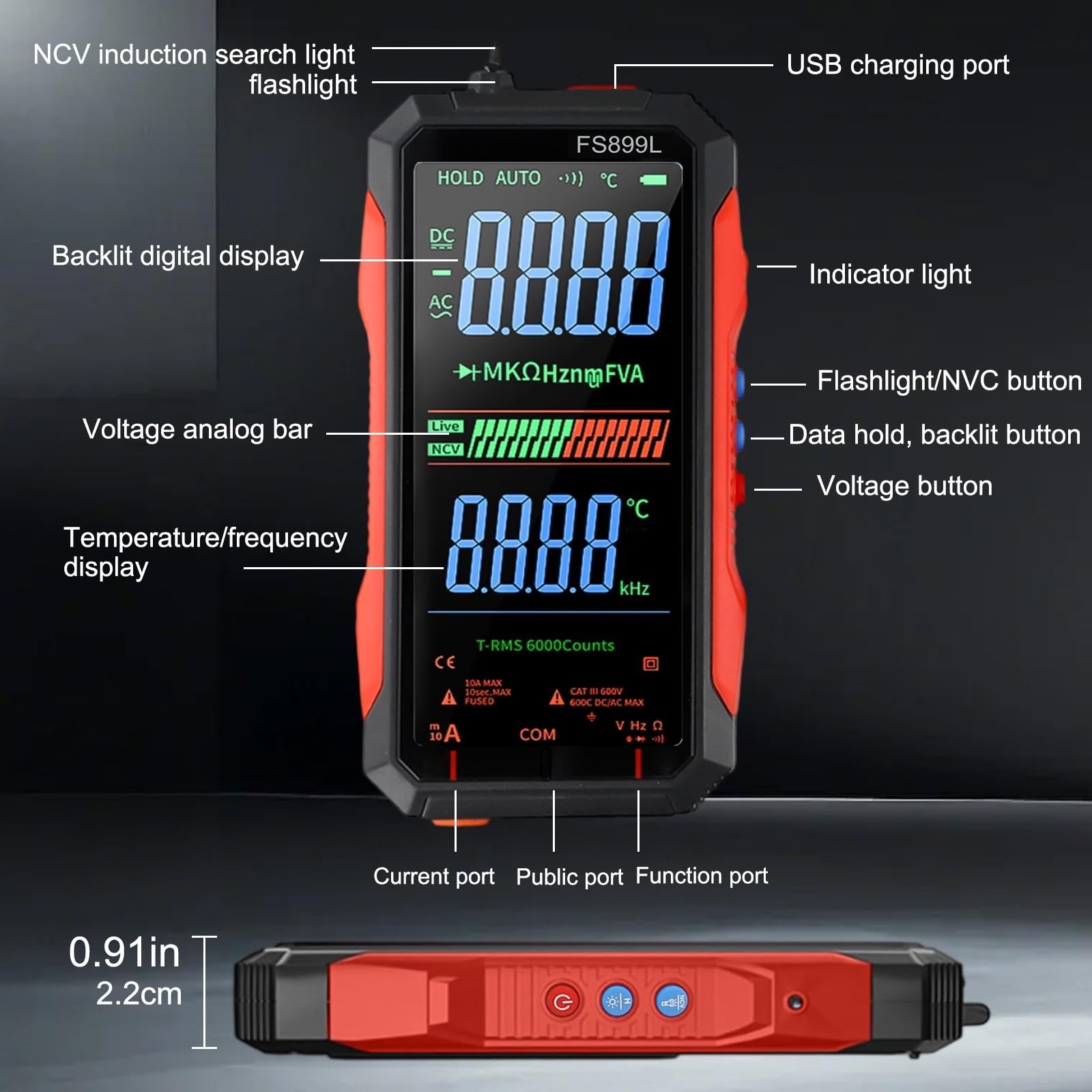 FS899L Digital Multimeter with Color Screen & Storage Case, USB C Rechargeable E