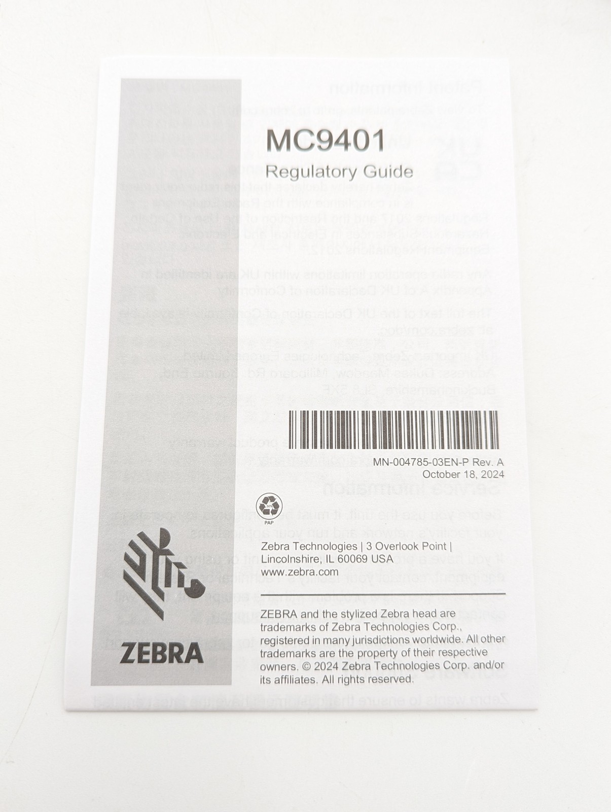 Zebra MC9400 Mobile Computer/Barcode Scanner w/ Battery (MC9401-0G1R6ESS-NA)