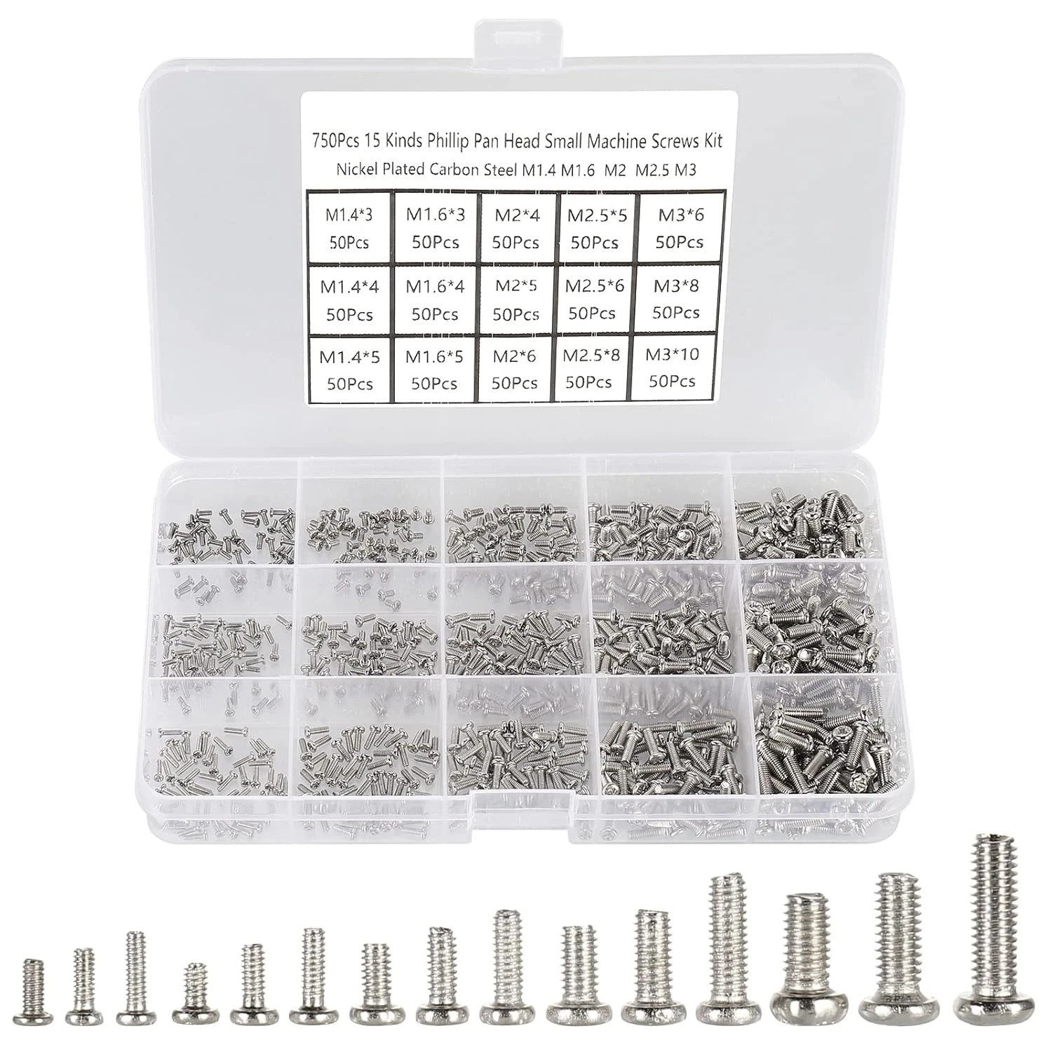 750pcs M1.4/M1.6/M2/M2.5/M3 Phillips Pan Head Small Machine Screws,Tiny Screw,Mi