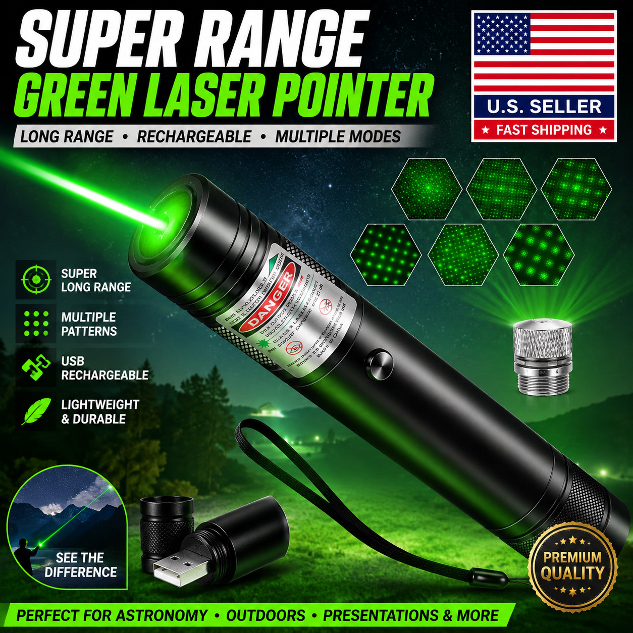 Rechargeable Green Laser Pointer Long Range Beam USB Astronomy Pointer