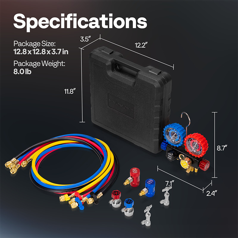 HVAC 4 Way Manifold Gauge Set with R134a R1234yf Quick Couplers and Can Taps