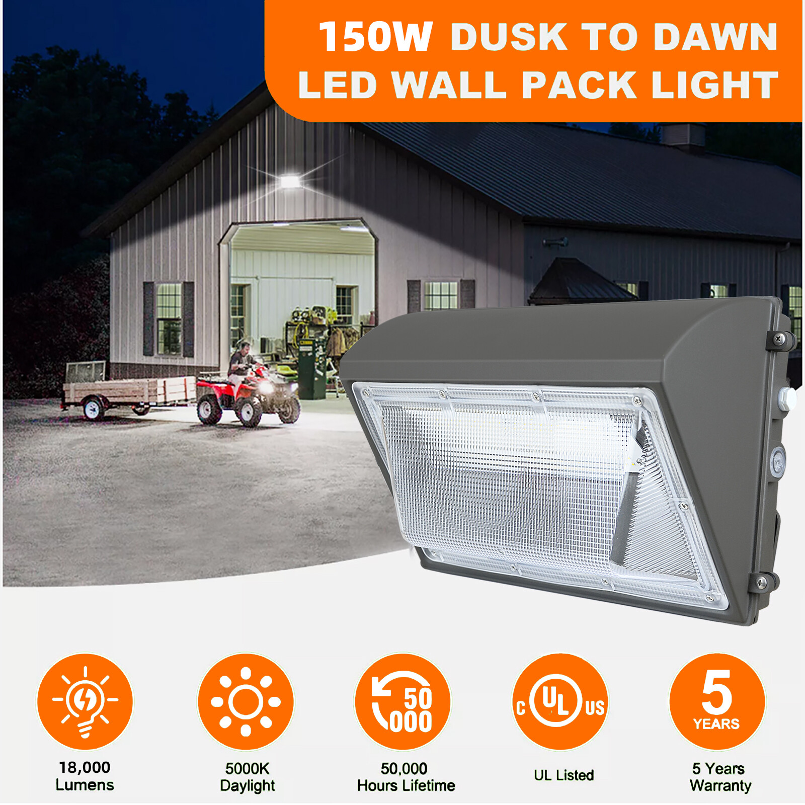150W Outdoor LED Wall Pack Light Dusk to Dawn Home Garden Yard Security Lighting