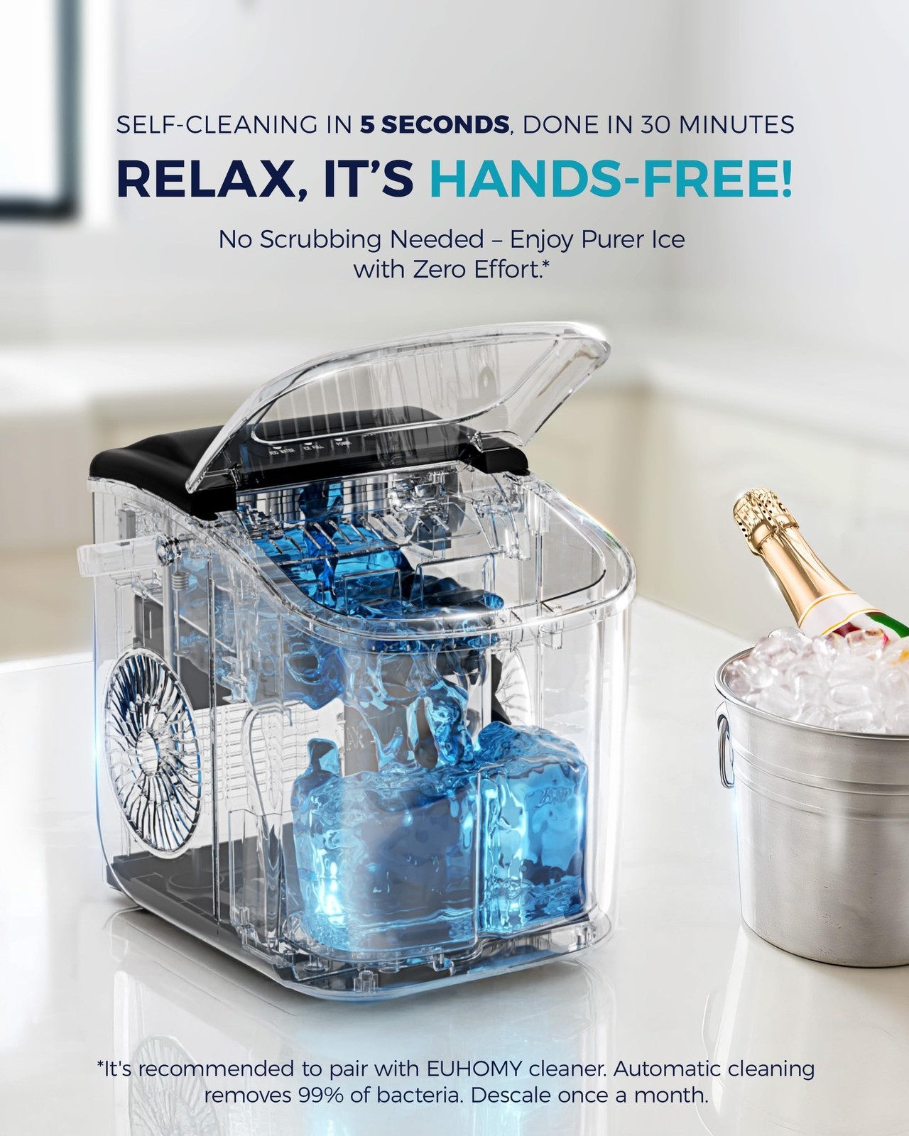 EUHOMY Countertop Ice Maker Machine with Handle, 26.5lbs Per Day, 9 Ice Cubes…