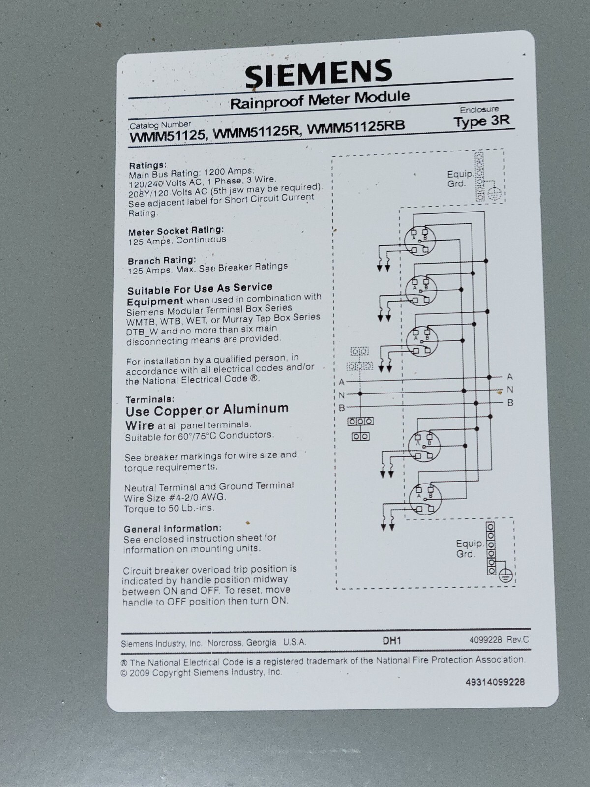 Siemens WMM51125 Power Mod Modular Metering System Meter Stack 125 A 240 VAC