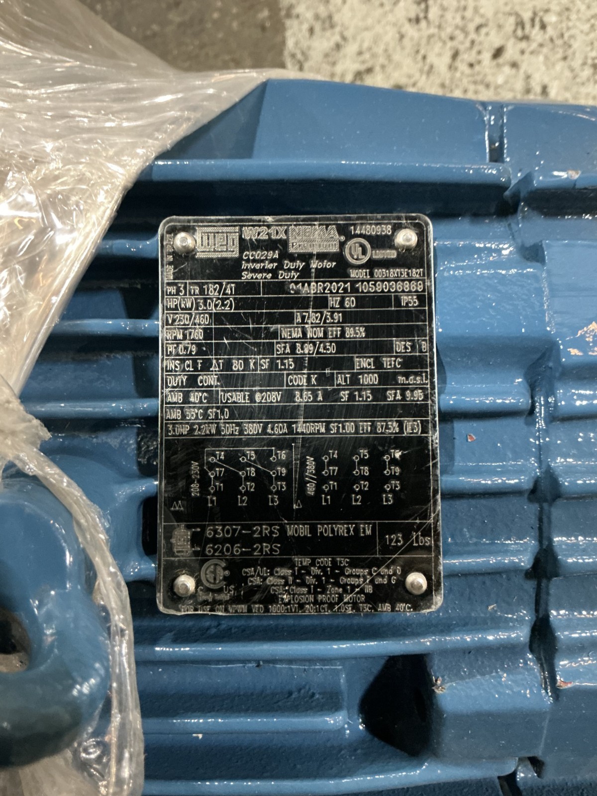 WEG 00318XT3ER182TC 3HP Explosion Proof Motor 1800RPM 182TC 230/460V 3Ph