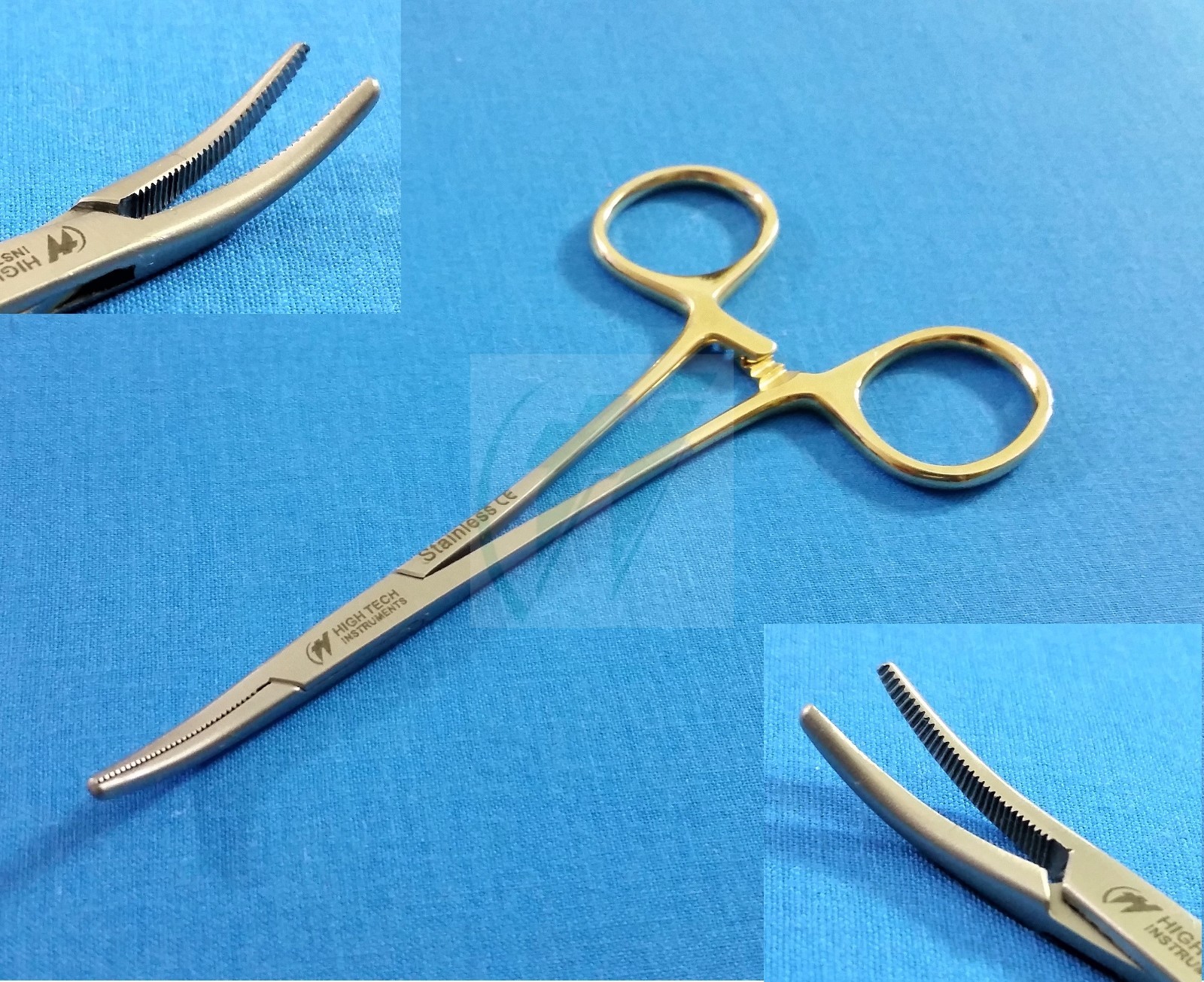 GOLD HANDLE FULL SERRATED HEMOSTAT LOCKING FORCEPS 5″ CURVED STAINLESS STEEL