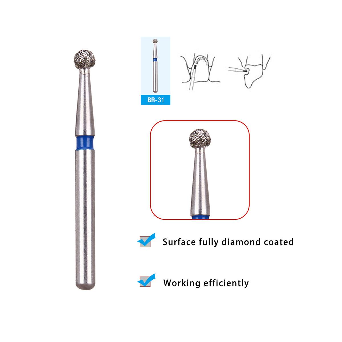 AZDENT Dental Two Layer Diamond Bur FG Ball Round BR-31 For High Speed Handpiece