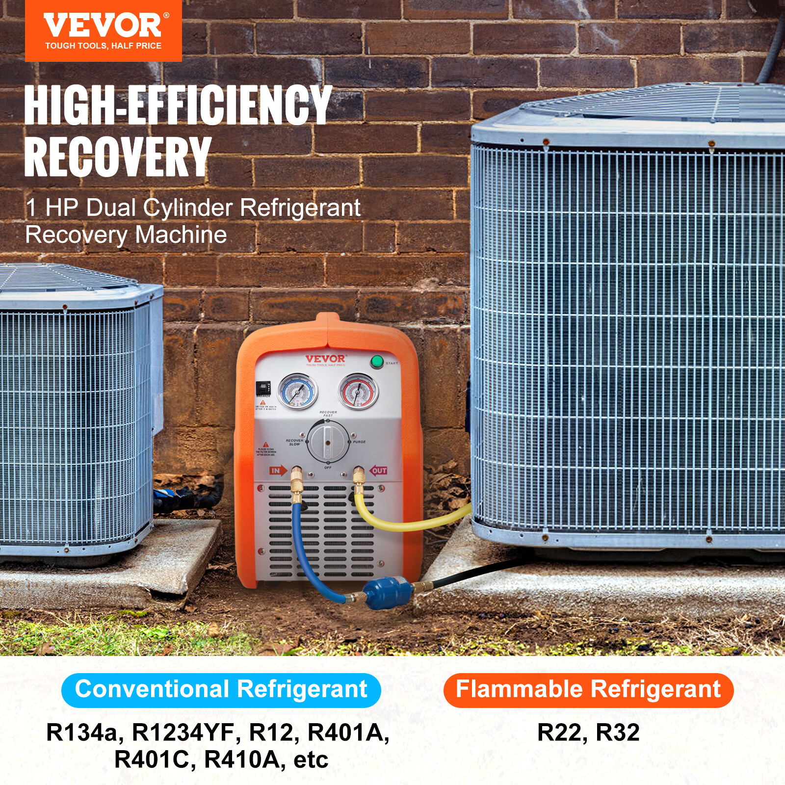 VEVOR Refrigerant Recovery Machine 1 HP Dual Cylinder AC HVAC Recycling Tool