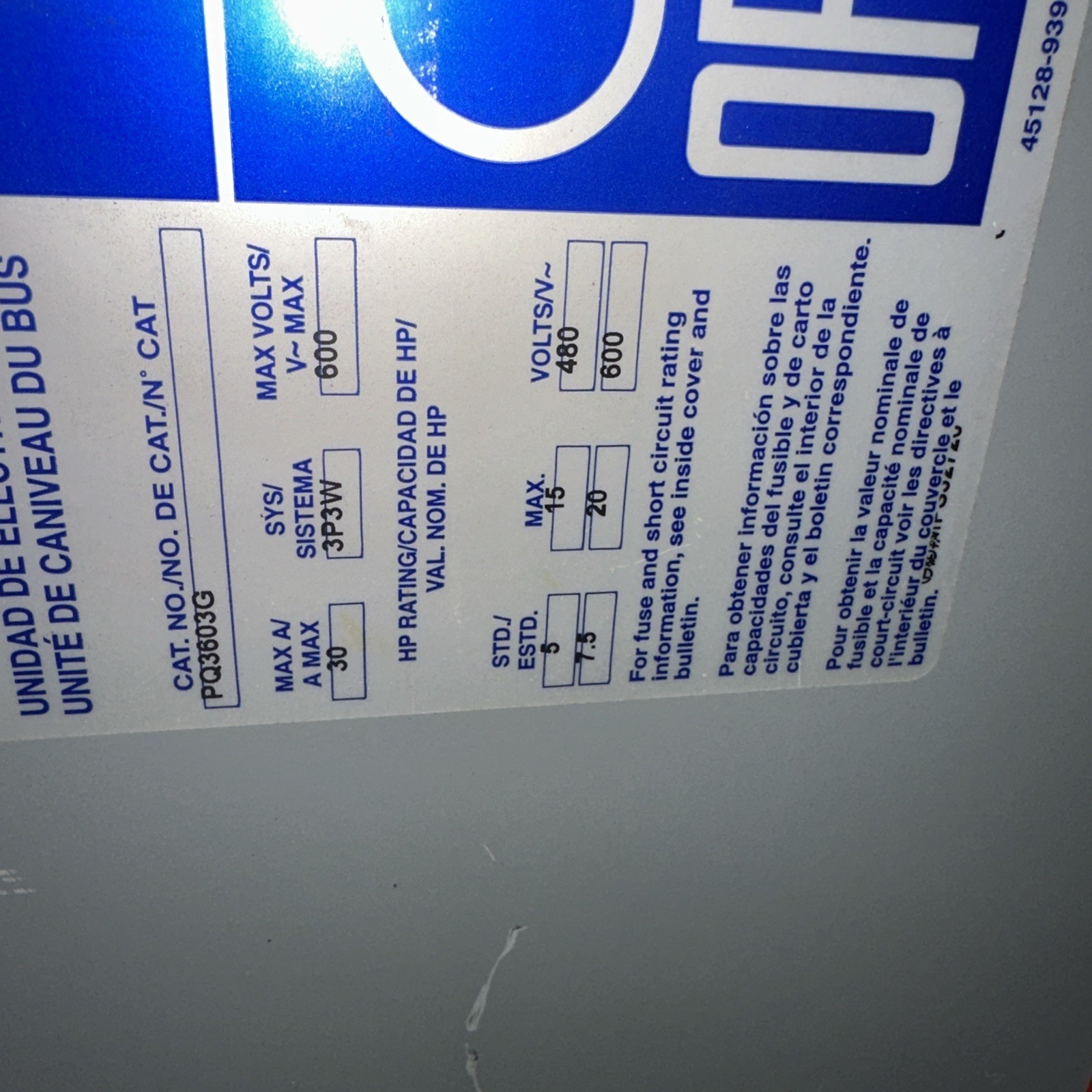 Square D I-Line PQ3603G 30 AMP 600V 3PH Fusible Busway Plug 3W, (st71f)