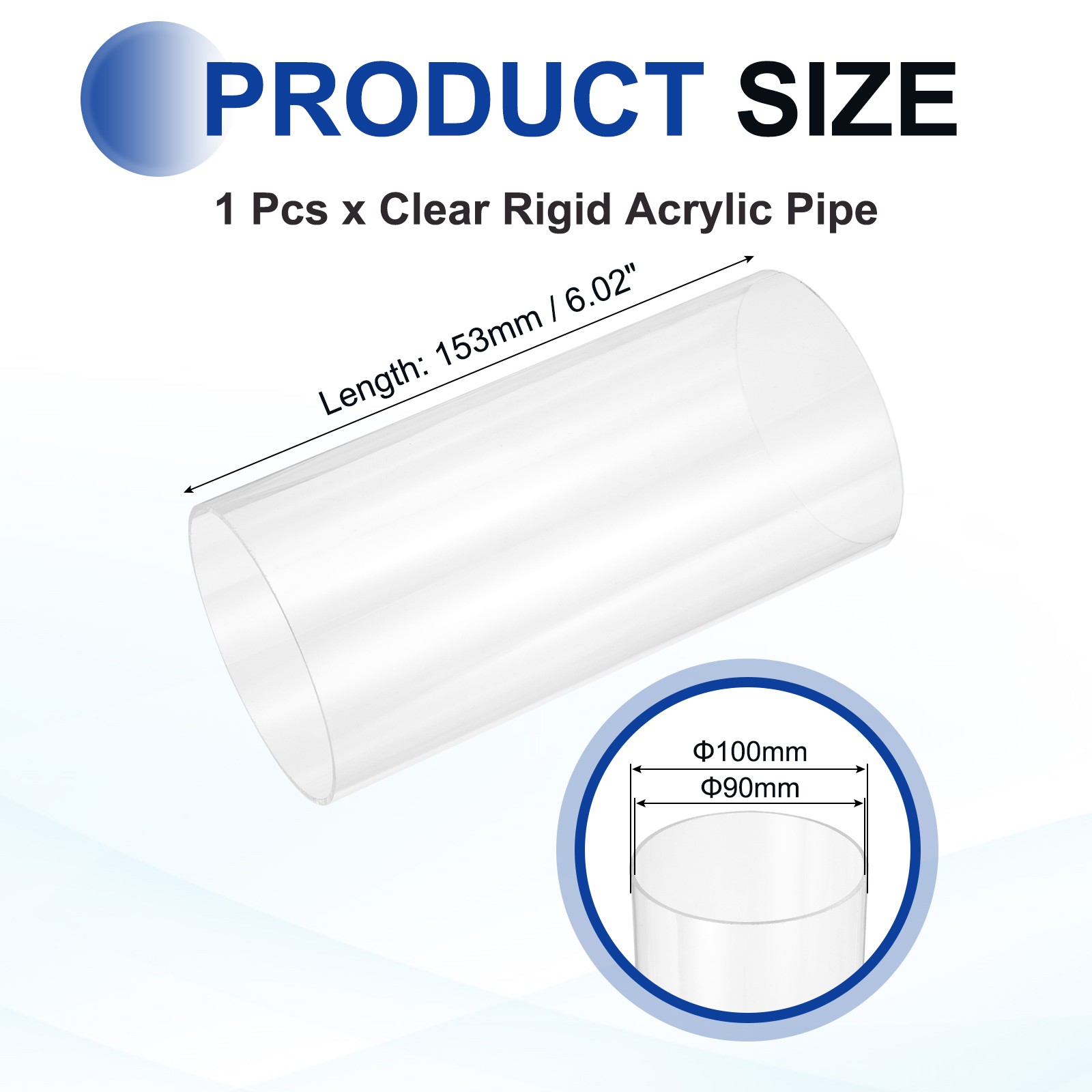 90mm (3.54″) ID x 100mm(3.94″) OD x 153mm(6″) L Clear Rigid Acrylic Pipe