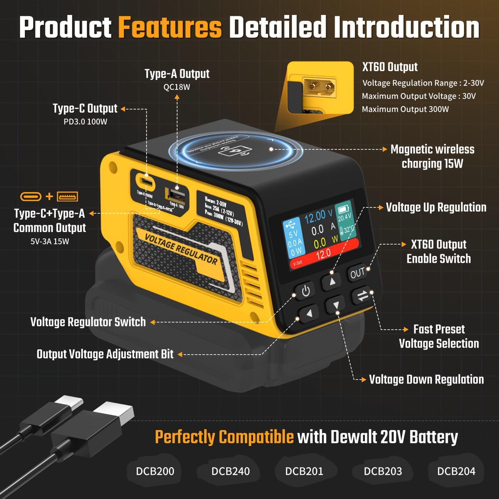 300W Power Regulator Compatible with Dewalt 20V Battery, 2-30V DC Adjustable