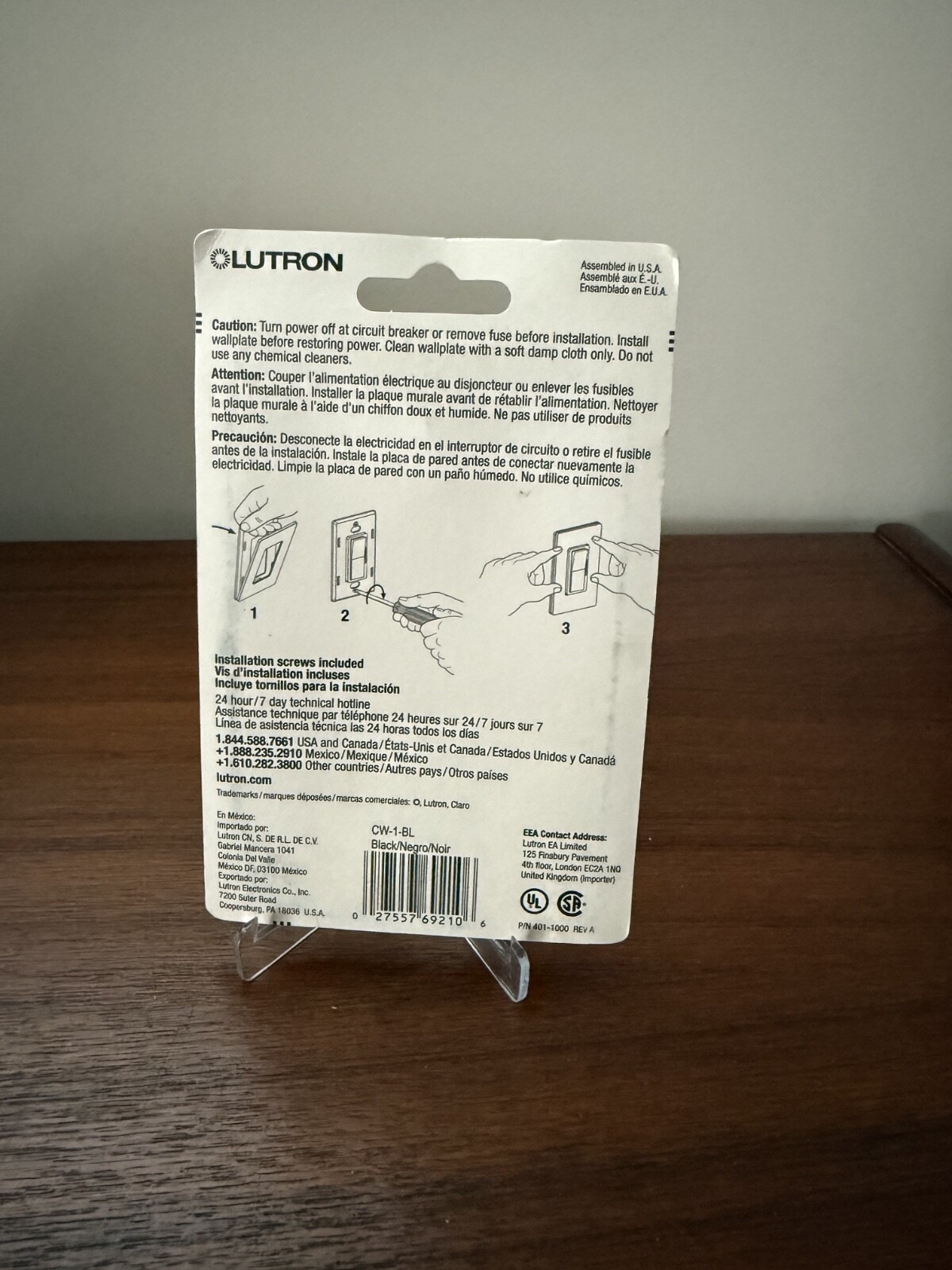 Lutron Screw-less CW-1-BL Claro Gloss Finish Black Single Gang Wallplate