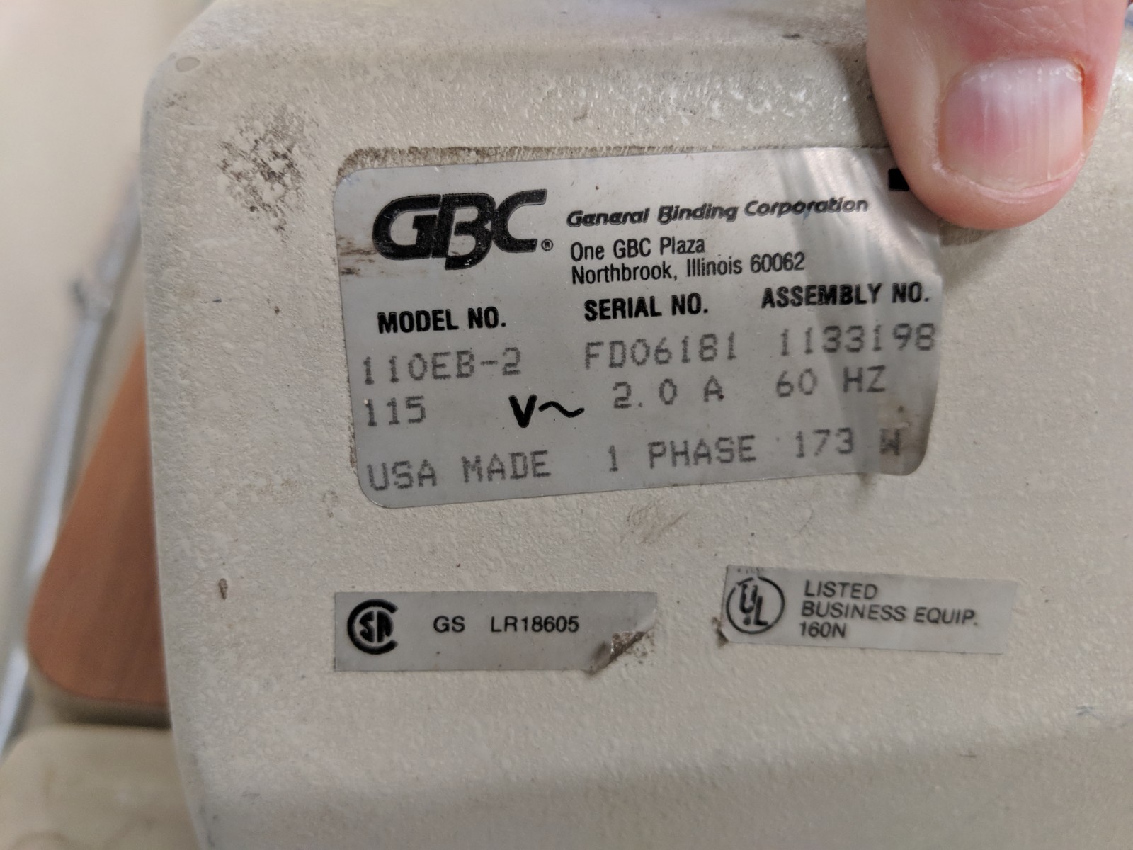 GBC Electric Binder Model No. 110EB-3 173W 60Hz 1 Phase 115V