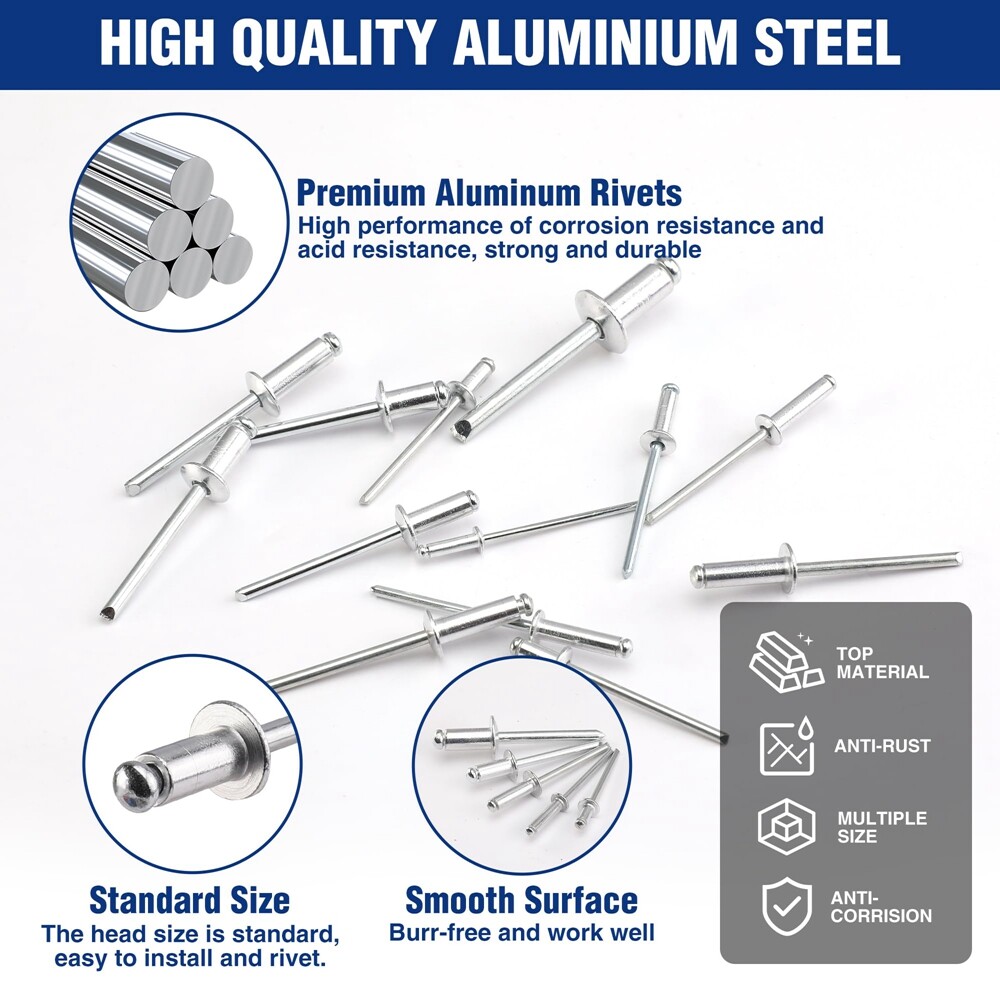 WORKPRO 500pc Aluminum Blind Rivets 14Size Pop Rivets Assortment Kit Case-Sliver