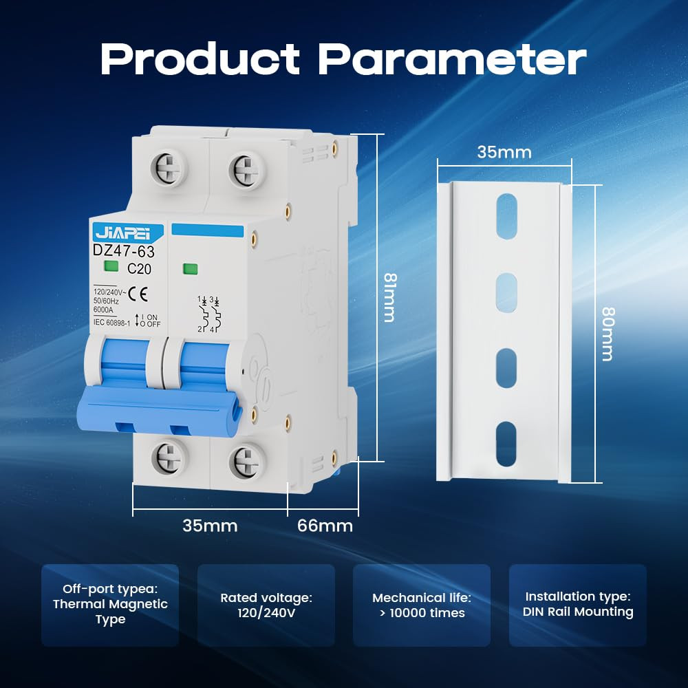 AC Miniature Circuit Breaker, 120V/240V 2 Pole 20 Amp DIN Rail Mount Circuit Br