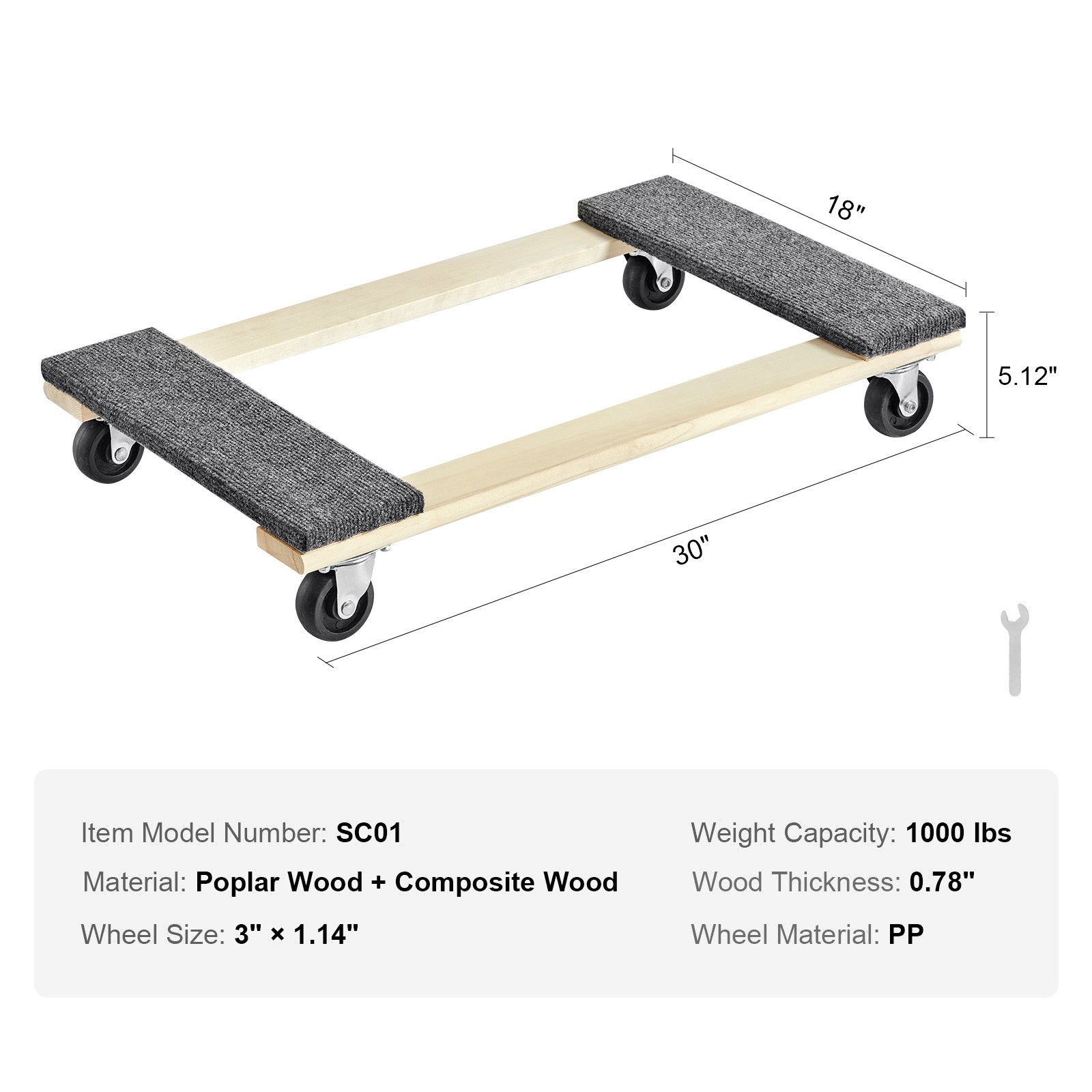 VEVOR Furniture Dolly Moving Dolly Caster 1000 lb Capacity 4 Rolling Wheels Wood