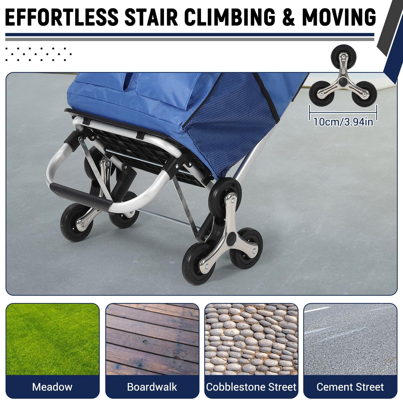 Folding Shopping Cart w/ 56L Removable Bag 150LB Stair Climbing Utility Cart