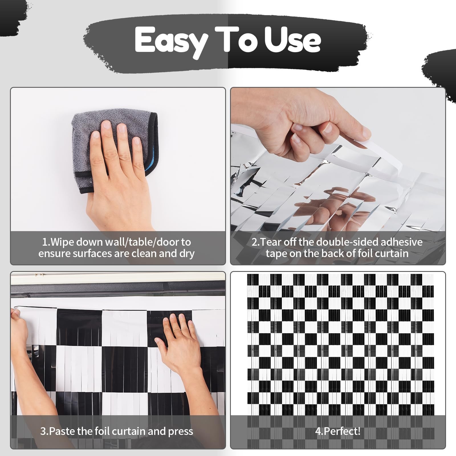 Black and White Checkered Tinsel Backdrop Curtains | 3 PCS, 3.3 x 6.6 ft, Rac…