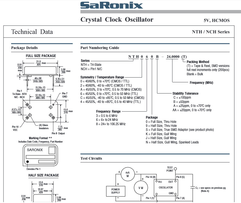 QTY (10) 20 MHz FULL SIZE OSCILLATORS 5V HCMOS NTH060A-20.0000M SARONIX