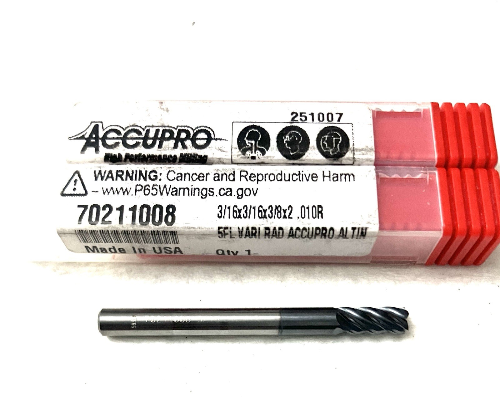 5PC Accupro 70211008 3/16″ 5FL Corner Radius End Mill .01R Solid Carbide AlTiN