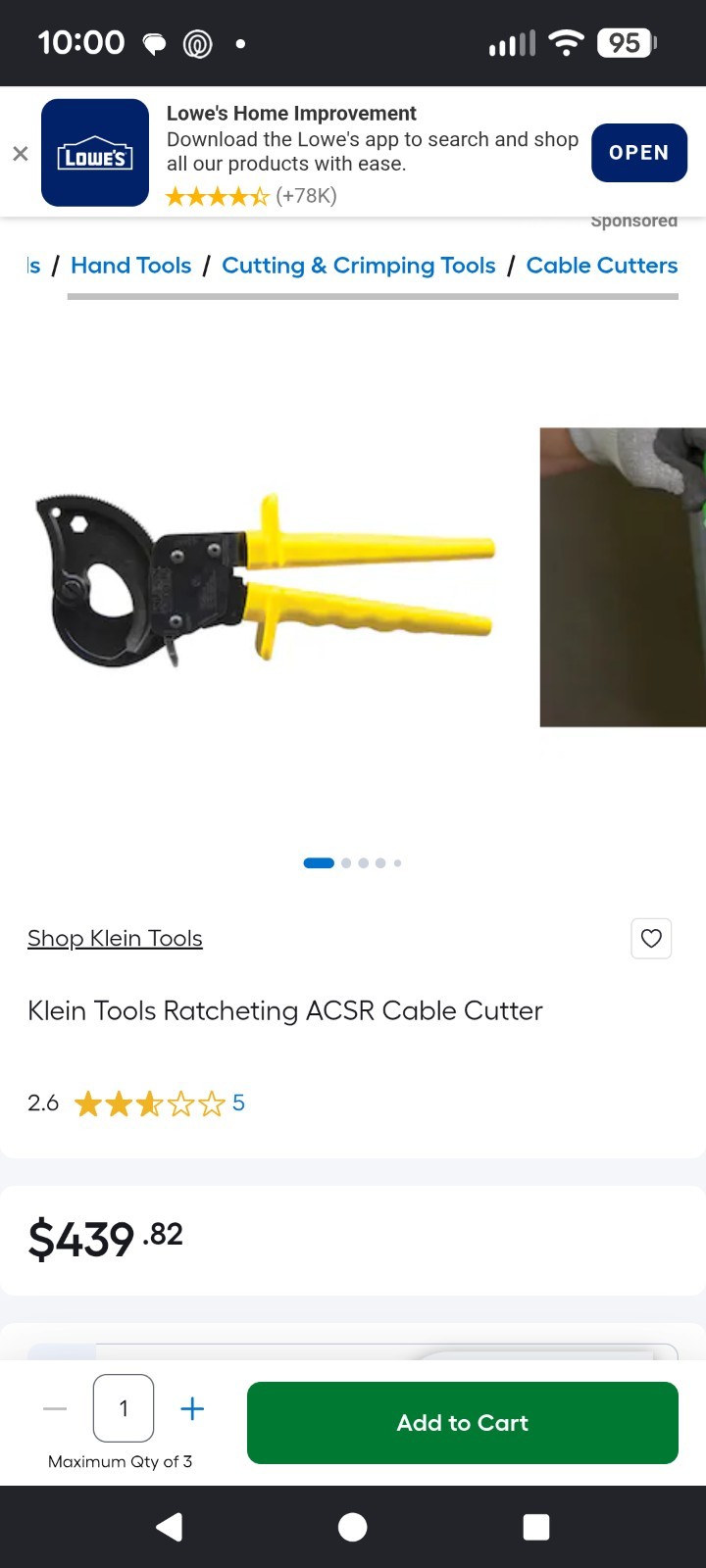 Klein Tools 63607 Ratcheting Cable Cutter 350 MCM Copper 9 in Yellow Handles