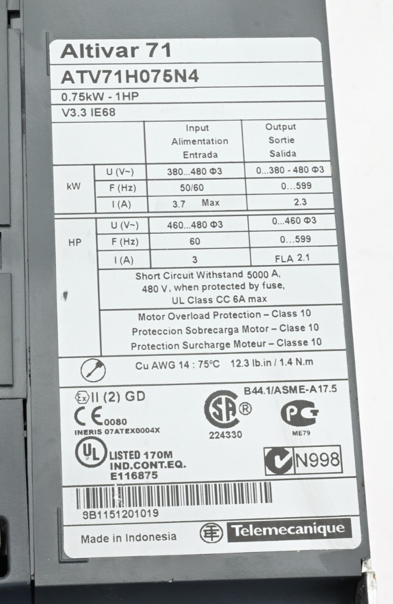 Schneider Electric Altivar 71 ATV71H075N4, .75KW – 1HP, 380-480V 3P