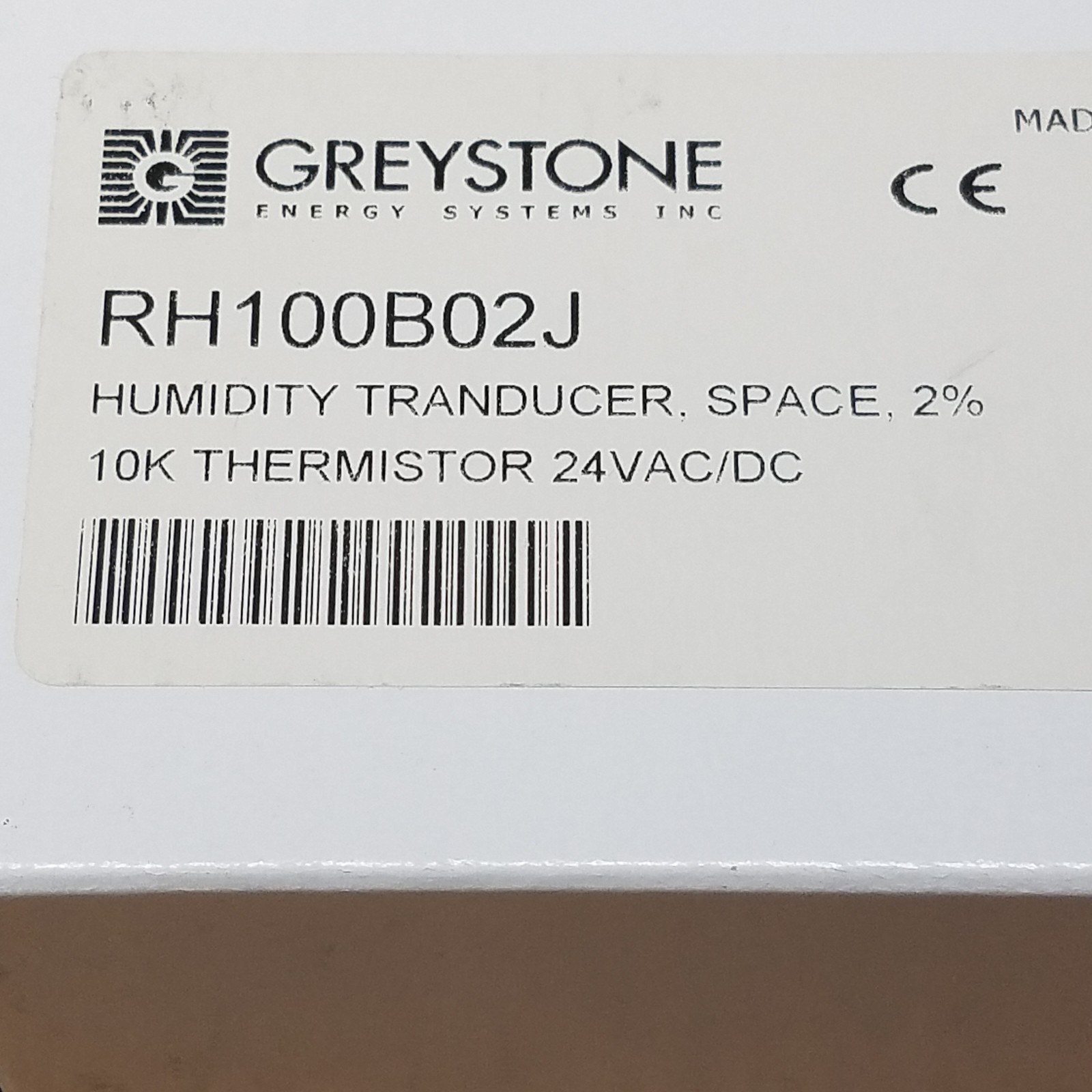 Greystone RH100B02J Humidity Transducer, Space, 2%, 10K Thermistor, 24VAC/DC