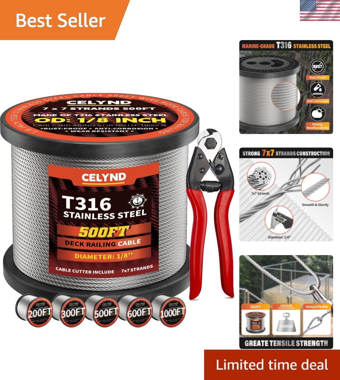 Stainless Steel Cable for Railing – 500FT 1/8″ T316 Wire Rope Cable for Deck …