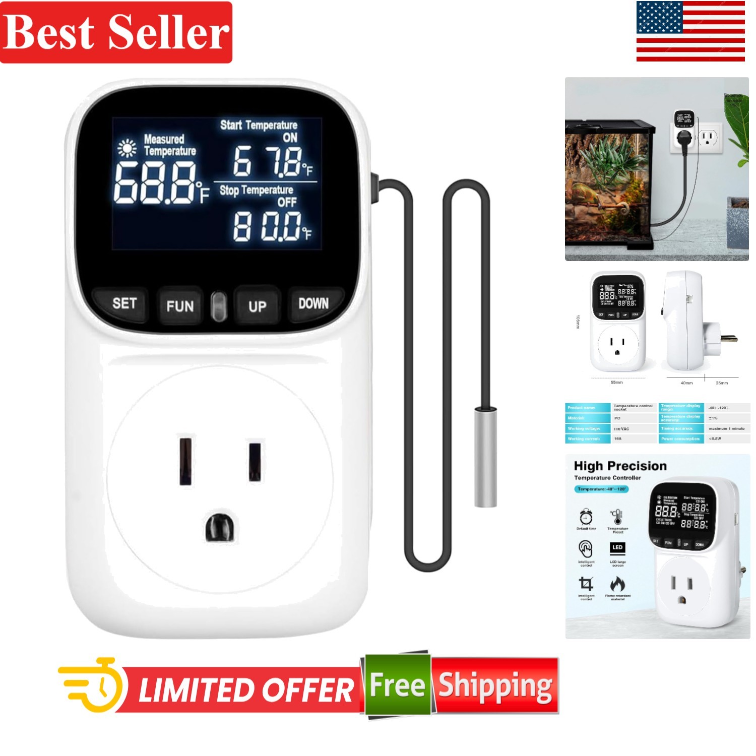 Heavy-Duty 15A Fahrenheit Thermostat Socket with Timer for Greenhouse & Aquarium