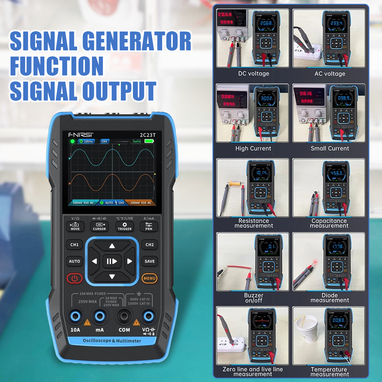 Portable FNIRSI 2C23T Handheld Digital Oscilloscope+Multimeter+Signal Generator