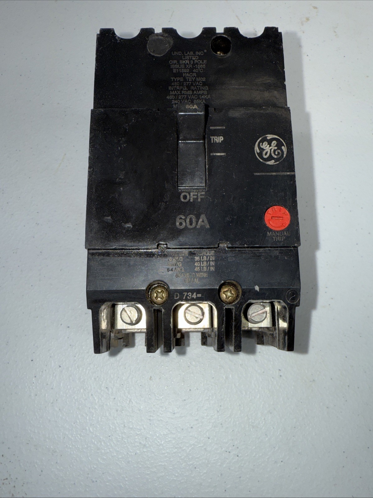General Electric GE TEY360 3 Pole 60 Amp 480/277V TEY Circuit Breaker