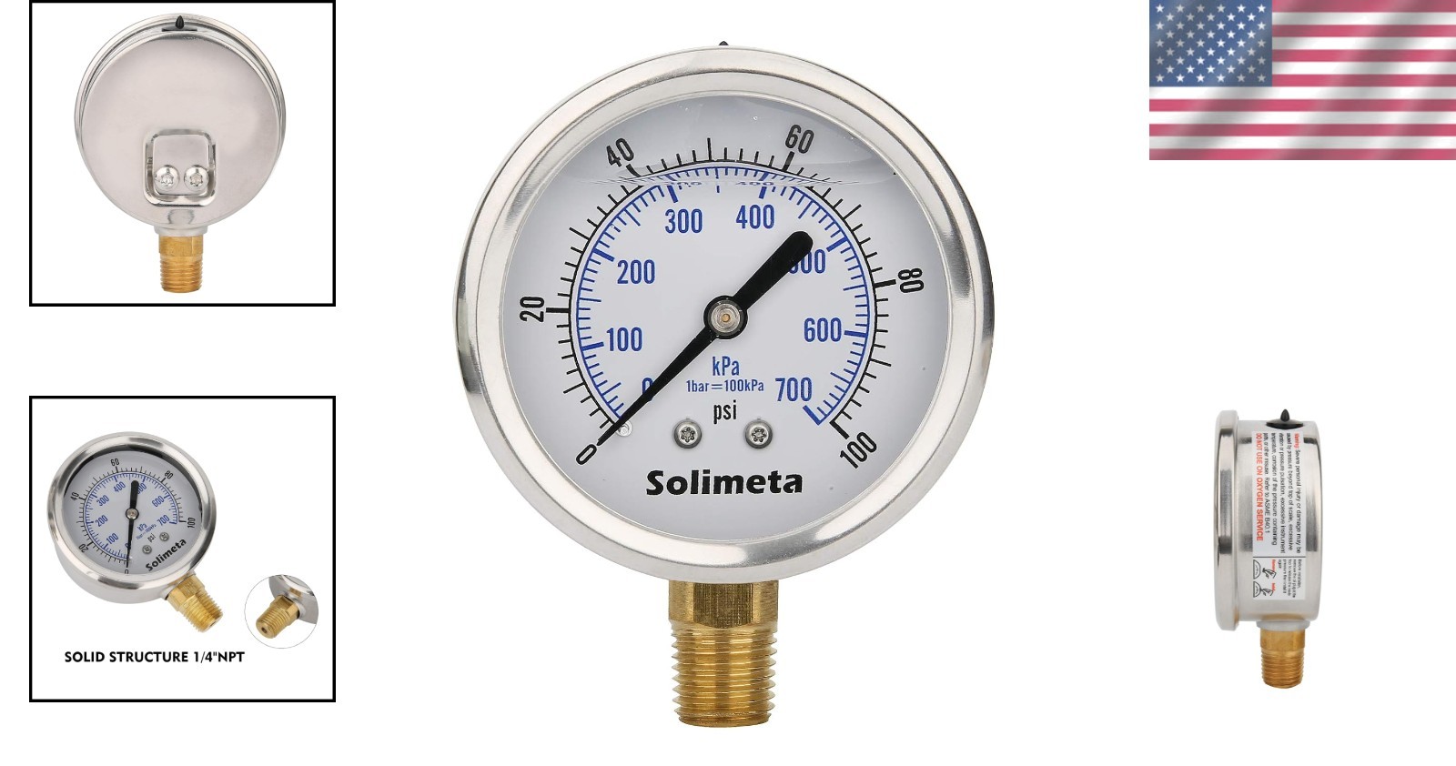 0-100 PSI Water Gas Pressure Gauge, 2-1/2’’ Dial, 304 Stainless Steel, 1/4’’ NPT