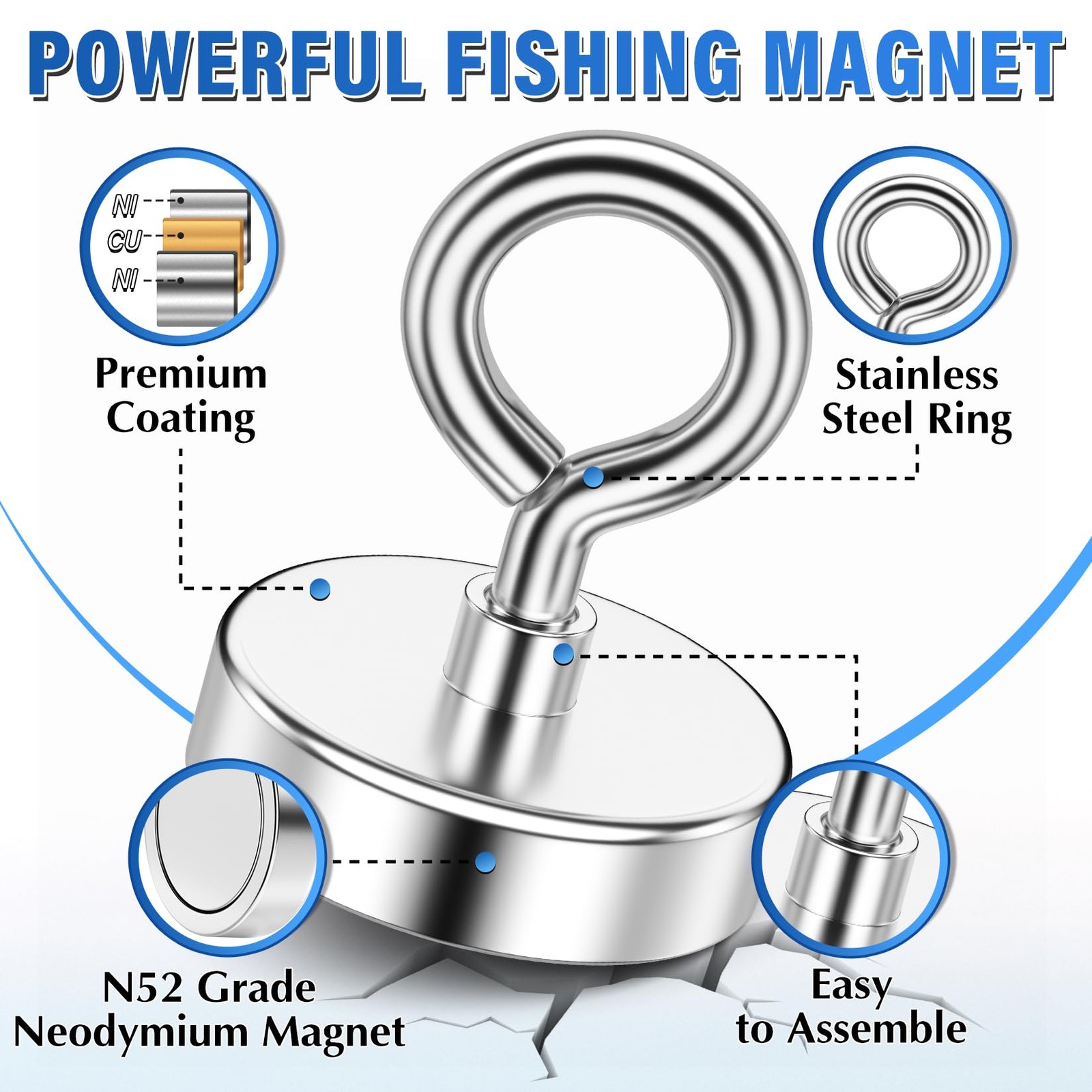 NIUKNOW Neodymium Fishing Magnet, 150 lbs Pulling Force, 1.42 inches, Silver