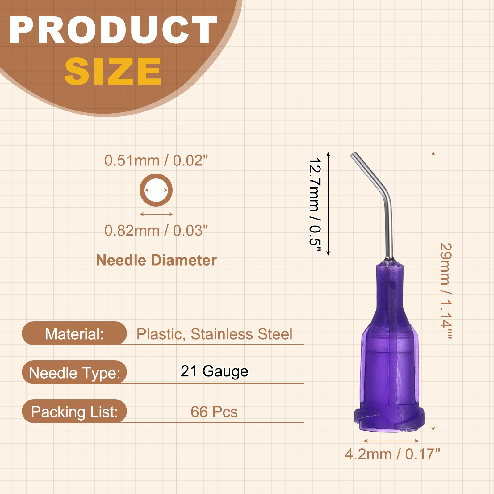 66Pcs 0.5Inch 21Ga 45° Angled Dispensing Needles, Purple