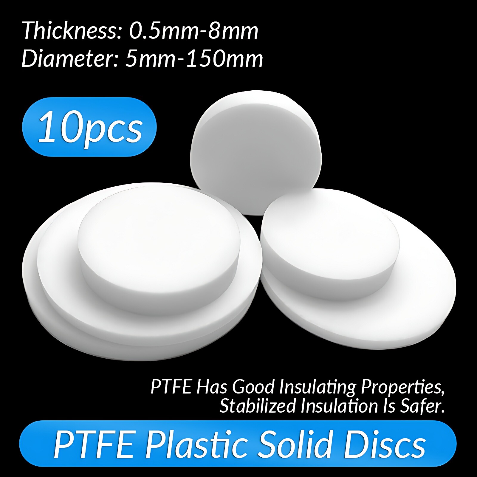 10x PTFE Plastic Solid Discs Flat Round Pad Sealed Cushioning Diameter 5mm-150mm