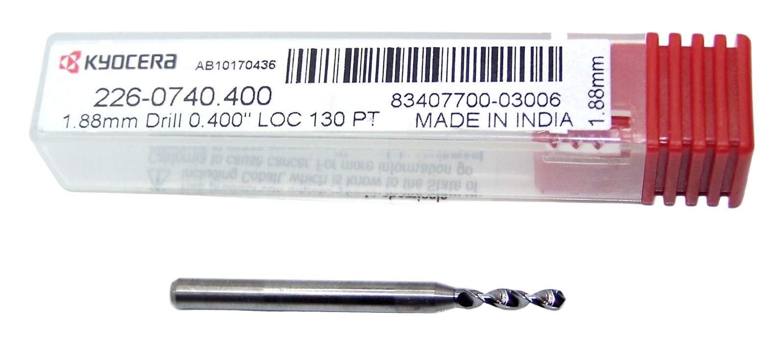 226-0740.400 Kyocera 1.88mm Carbide Drill 2 Flute 0.0740″ Diameter 0.400″ Flute