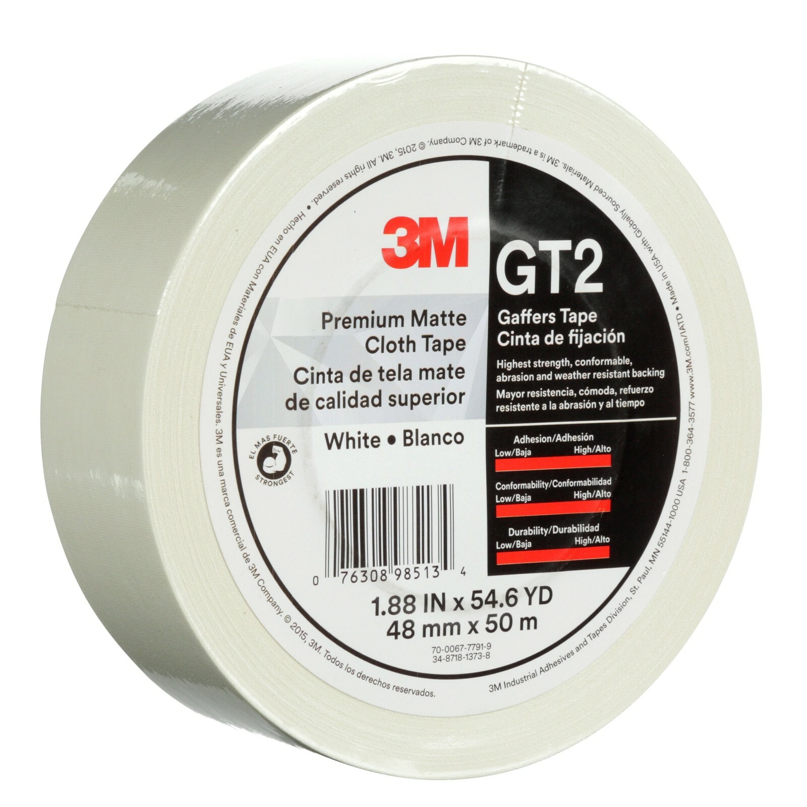 (1 ROLL) 3M Gaffers Tape WHITE 2″ x 54.6 YD GT2 Premium Matte Cloth – NEW