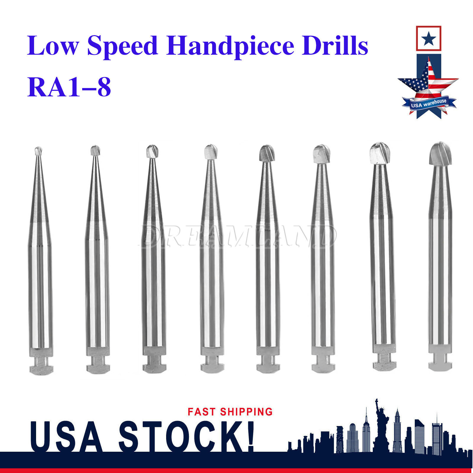 RA #1-8 Regular Round Carbide Burs for Slow Speed Latch Type RA1-RA8 Dental