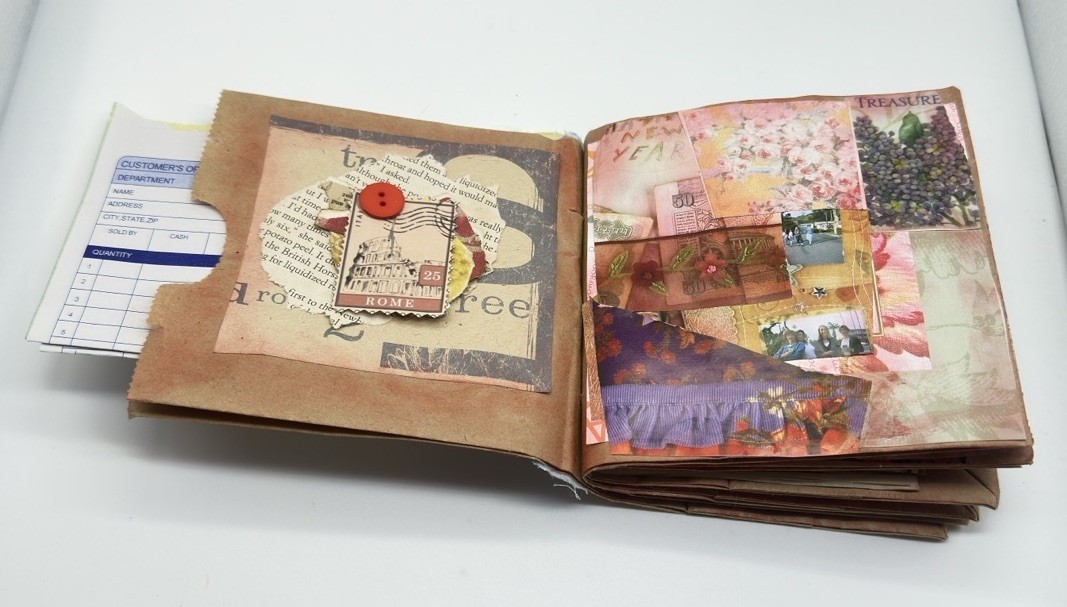 Hand Made Junk Journal Doggy And Yellow Flower. Medium Is Brown Paper Bags