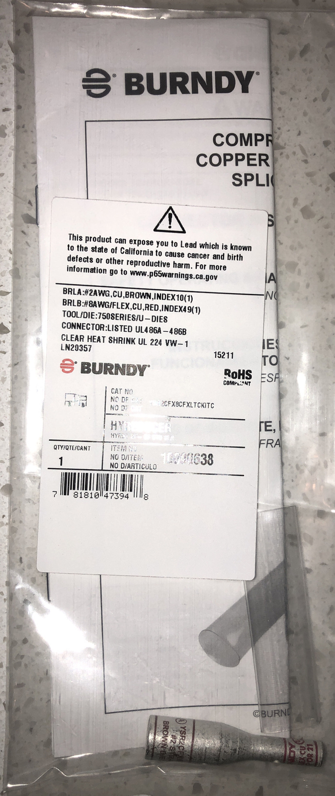 BURNDY IN-LINE HYREDUCER 10090638 #2AWG To #8AWG New Sealed