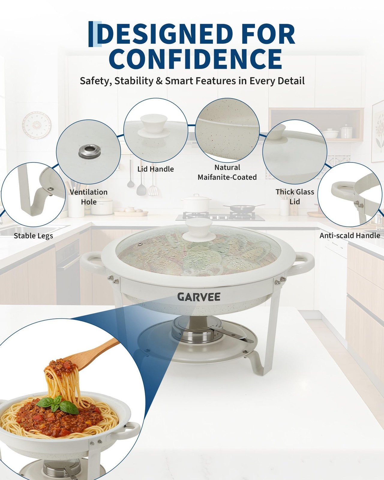 6 Pcs 5.3QT White Chafing Dishes Buffet Set, Non-Stick Coated Food Warmer