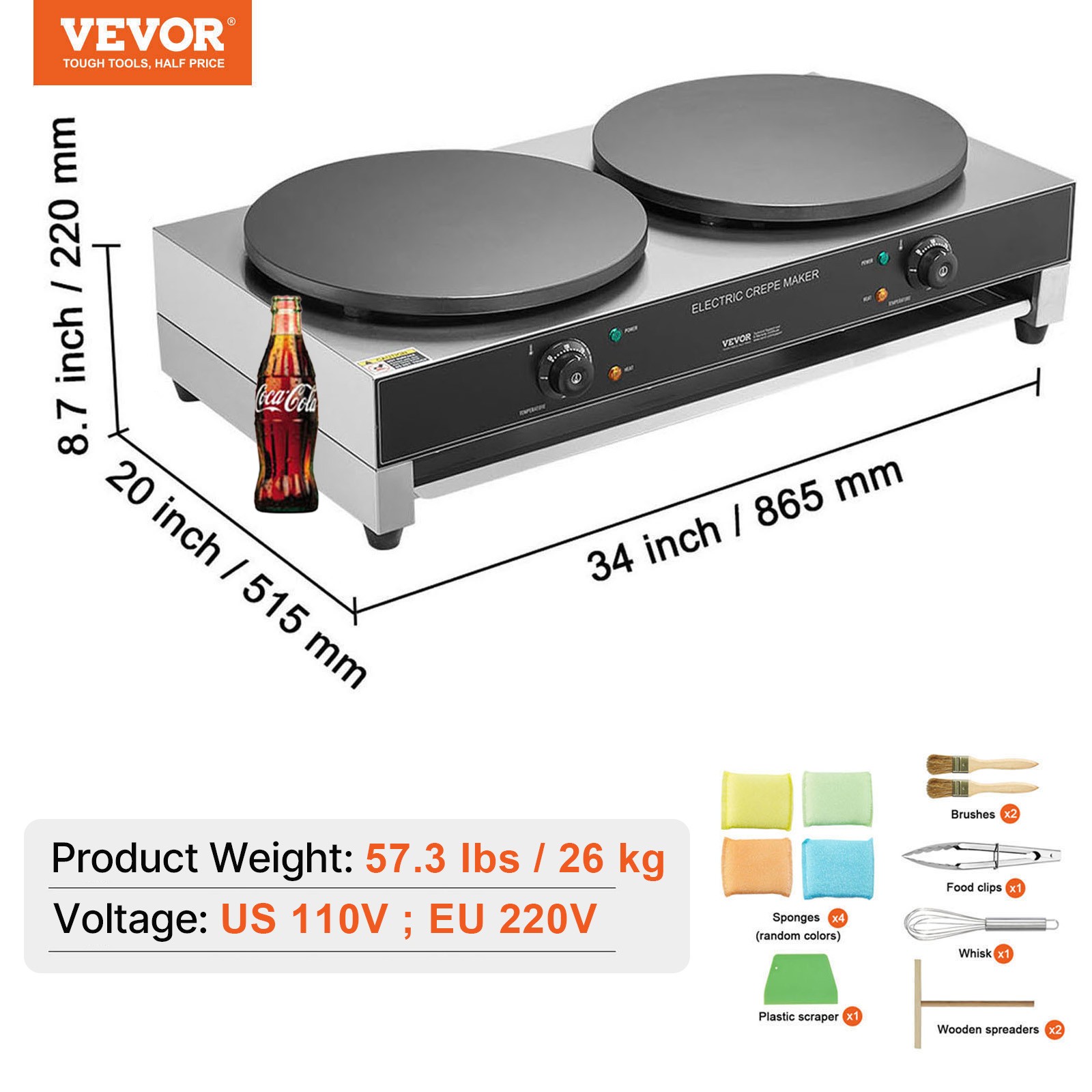 VEVOR 16-Inch Electric Crepe Maker Commercial Crepe Machine 3400W Double Head