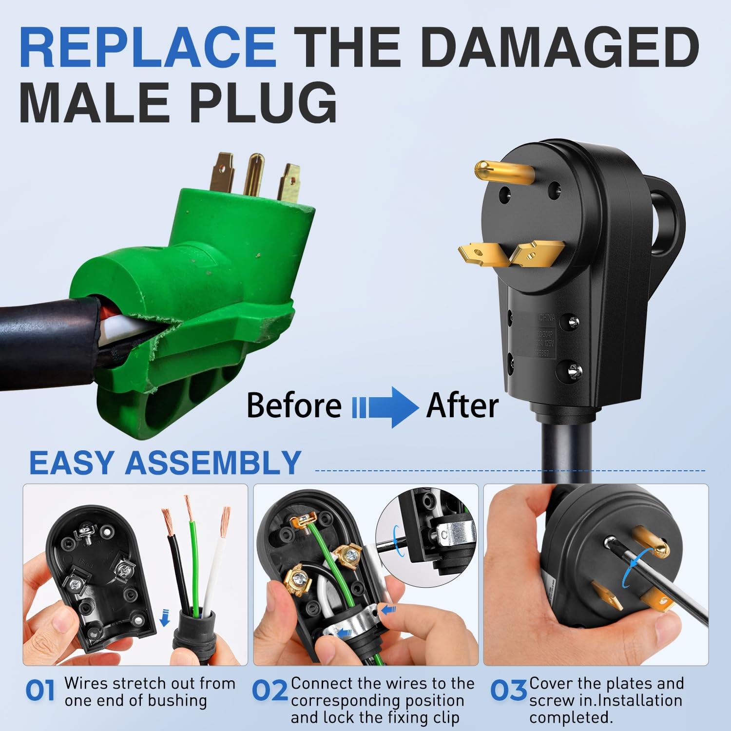 30 Amp RV Replacement Plug and Receptacle NEMA TT 30P TT 30R Heavy Duty Black