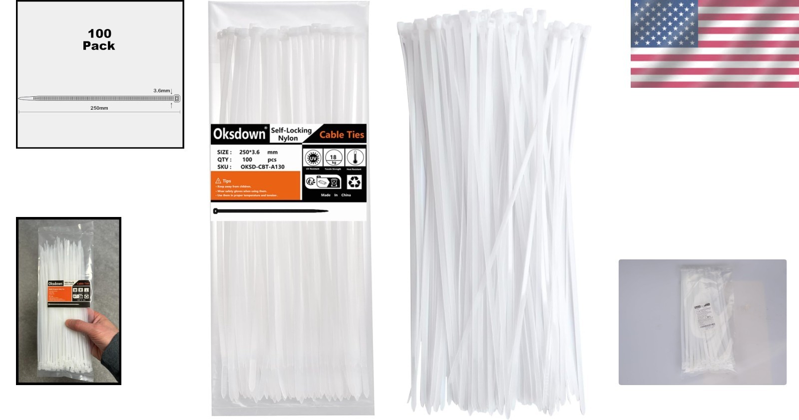 Self-Locking White Zip Ties (100 Pack) – 10″ Nylon Cable Ties for Home & Garden
